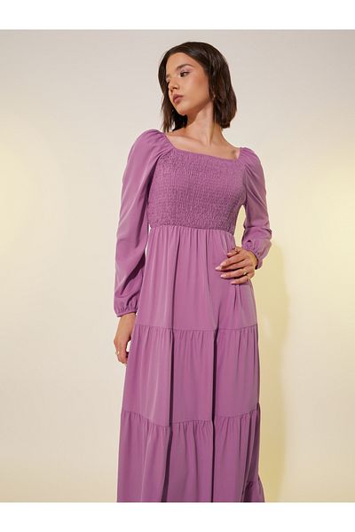 Styli Smocked Square Neck Tiered Maxi Dress