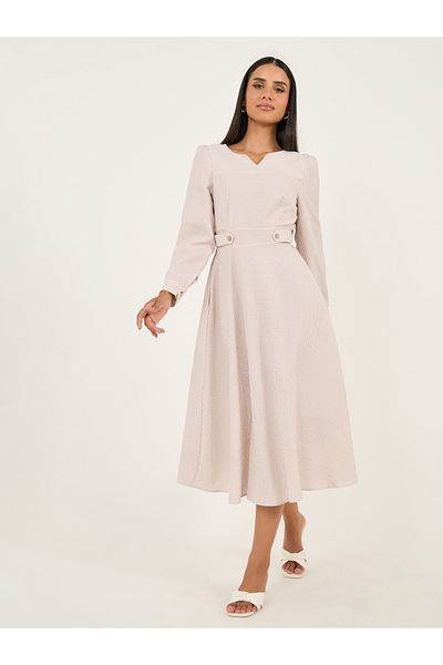 Styli Beige Striped A-Line Midi Dress
