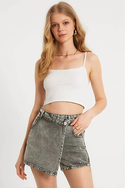 TugsatTasarTekstil Women's Smoked High Waist Double Breasted Jean Shorts Skirt Without Lycra