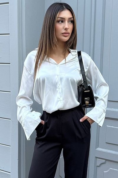 VAGGON Women's Ecru Oversize Satin Shirt V00034-B