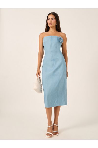 Styli Plain Strapless Sheath Midi Dress with Corsage Detail