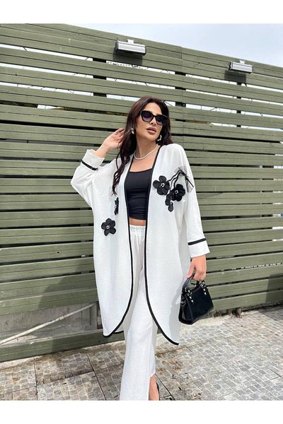 aytenli Straight Collar Oval Cut Stripe Flower Detailed Draped Top Wide Leg Elastic Waist Size Pocket Set