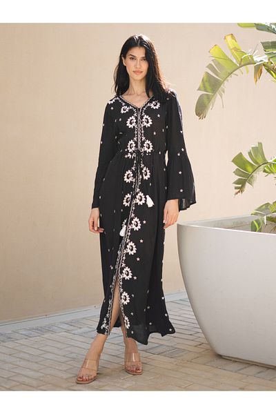 Sanskrutihomes By Styli Floral Print V Neck A-Line Midi Dress with Tie Waist