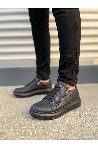 Joy Ayakkabı JY155 Warrior με κορδόνια και δερμάτινα ανδρικά παπούτσια με φερμουάρ CST - Μαύρο