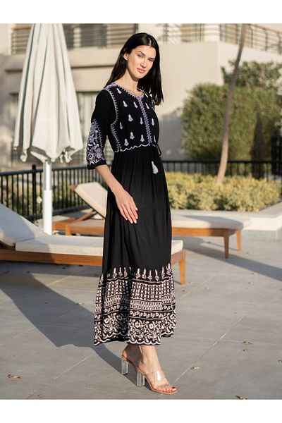 Sanskrutihomes By Styli Floral Print 3/4 Sleeves A-Line Midi Dress with Embroidery
