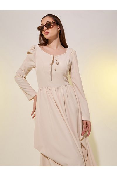 Styli Solid Puff Sleeves Asymmetric Hem A-Line Maxi Dress