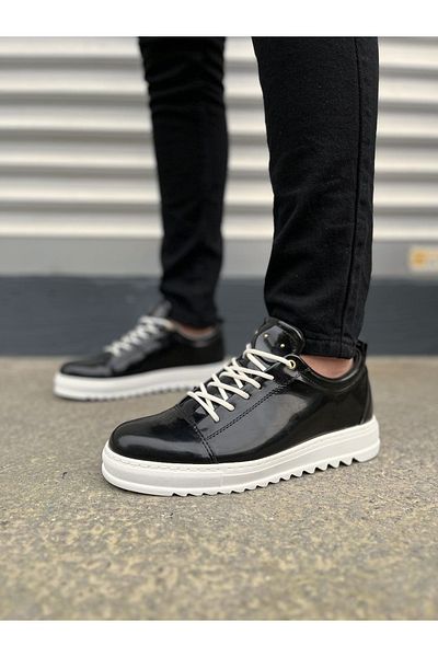 Joy Ayakkabı Jy152 Cool Lace-Up Patent Leather Men's Casual Sports Classic Shoes Rbt - Black