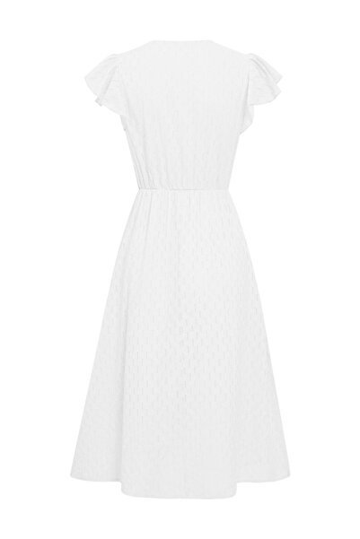 Take Two By Styli Casual White Solid Ruffle Sleeve V Neck Midi Dress