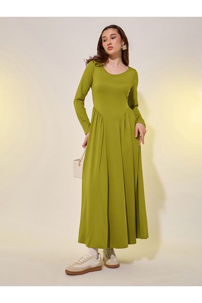 Styli Solid Gathered Waist A-Line Midi Dress