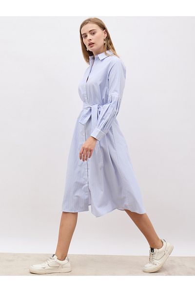 Styli Striped Long Sleeve Belted Shirt Midi Dress