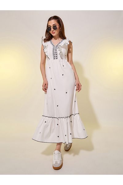 Styli Floral print V-neck Ruffled Cuffs Midi Dress