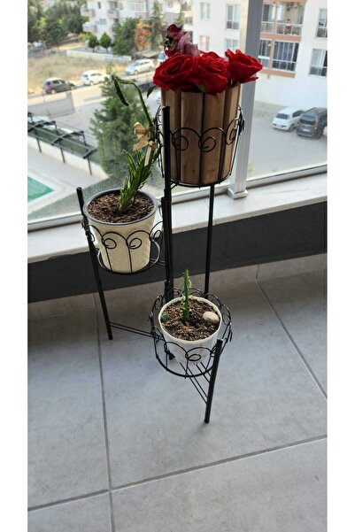 Lidya 3 Hazneli Metal Bitki Standı / Çiçeklik - 18 cm Saksı Uyumlu - Siyah