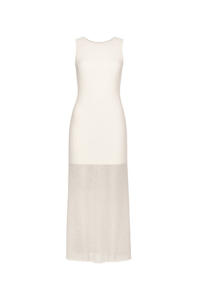 VAGGON Women's White Hole Openwork Lined Inside Rope Tie Maxi Size Dress V00015-A