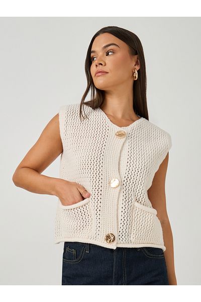 Styli Open Knit Sleeveless Button Front Top