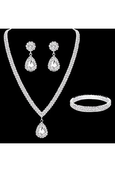 FM Sparkling Silver Color Crystal Stone Necklace, Earrings and Bracelet Set - Elegant and Shiny Design