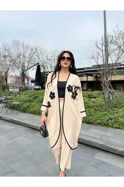 aytenli Straight Collar Oval Cut Stripe Flower Detailed Draped Top Wide Leg Elastic Waist Size Pocket Set