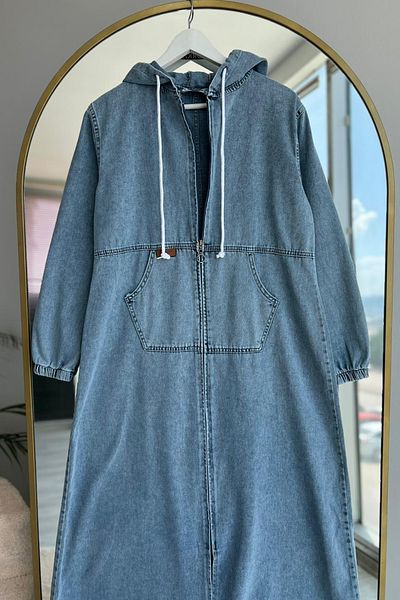 Kirazca Butik Blugi de damă cu glugă din denim, cu buzunare cu nasturi