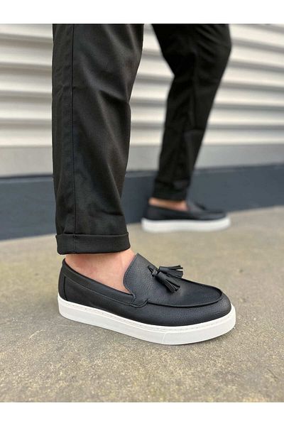 Joy Ayakkabı JY153 Bloom Pantofi clasici sport casual pentru bărbați din piele cu ciucuri fără șireturi CBT - negru