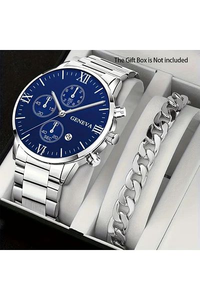 FM Classic Design Silver Color Geneva Watch and Chain Bracelet Set - Elegant and Stylish Combination
