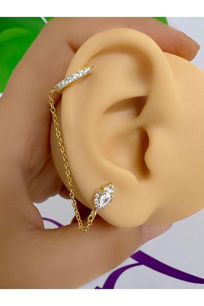 Arescollection Zircon Stone Piercing Earrings - 1 Piece, Chain Connection, Cartilage and Earlobe Compatible