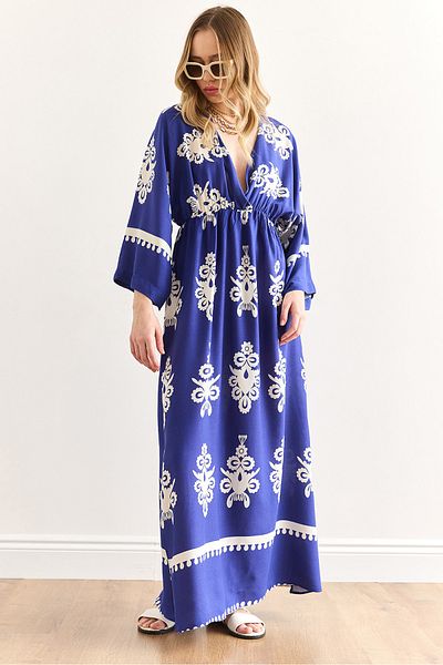 Olalook Women's French Saks Blue Double Breasted Collar Elastic Waist Maxi Slit Viscose Dress Elb-19002383