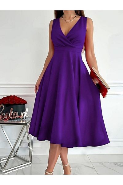 Beyge Giyim Women's Imported Crepe Fabric Double Breasted Collar Skirt Flared Sleeveless Mini Dress