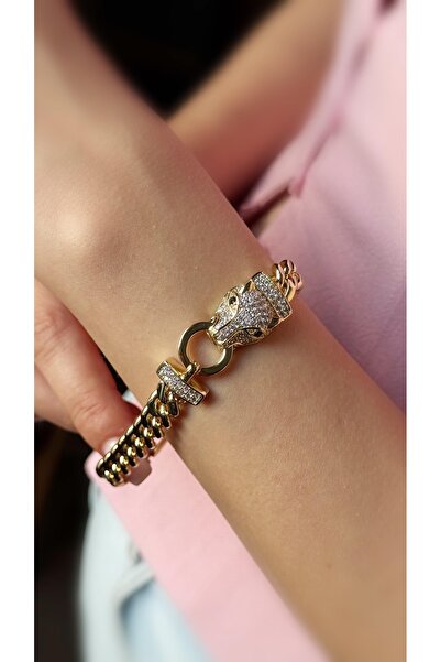 Soles 14 Ayar altın rengi kaplan gurmet çelik bileklik