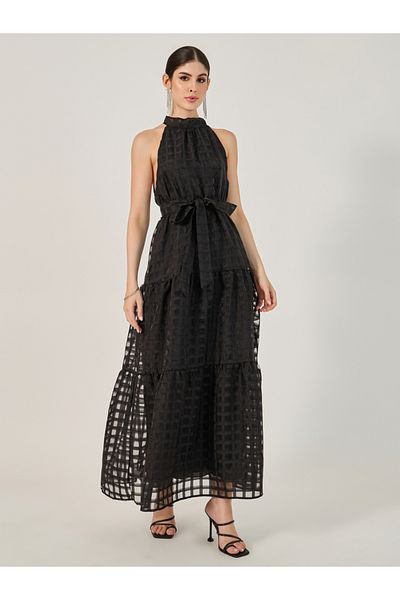 Styli Mesh Inserted Halter Neck Tiered Maxi Dress