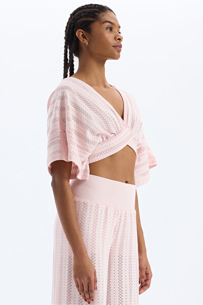 COMEUP Jacquard Hole Patterned Bat Sleeve Crop Top Soft Powder