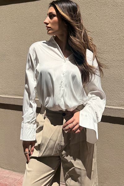 VAGGON Women's Ecru Oversize Satin Shirt V00034-B