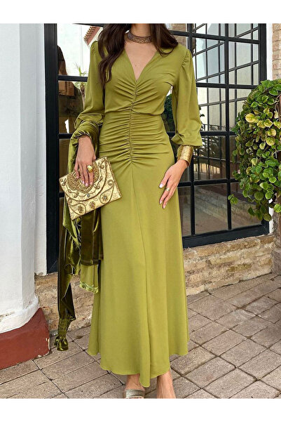 Take Two By Styli Solid Elegant V Neck Dress