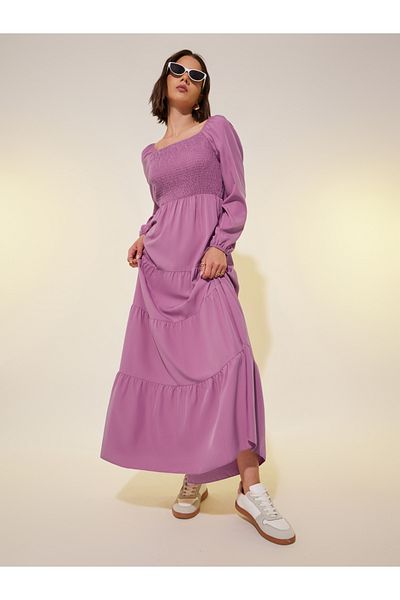 Styli Smocked Square Neck Tiered Maxi Dress