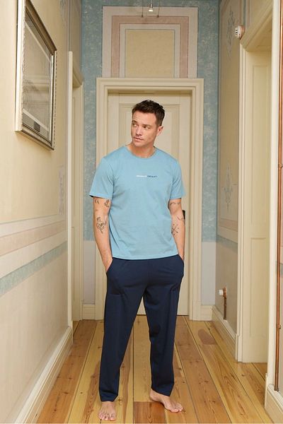 Pijamoni Men's Milan Fabric Crew Neck Blue Color Pajama Set - 6160