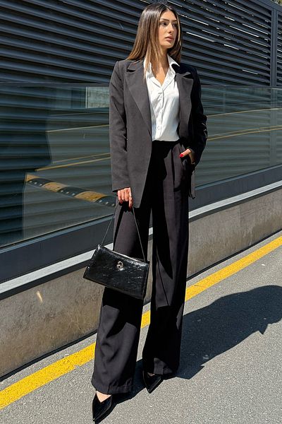 VAGGON Women's Mix Blazer Jacket Pants Suit and Satin Shirt and Baguette Bag Suit V00034