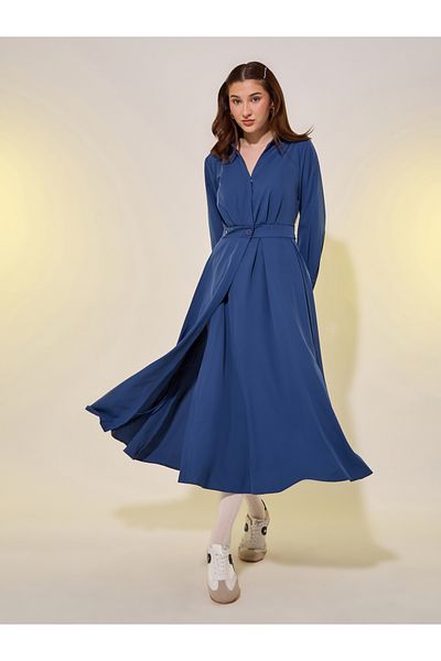 Styli Solid Long Sleeve Wrap Look A-Line Midi Dress
