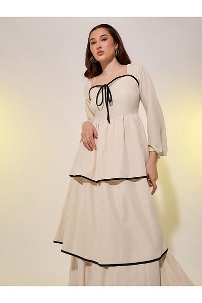Styli Beige Contrast Trim Bell Sleeves Tiered Maxi Dress