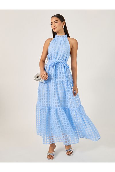 Styli Mesh Inserted Halter Neck Tiered Maxi Dress