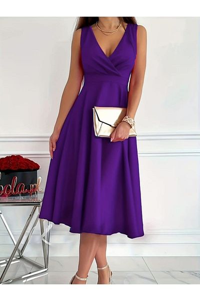 Beyge Giyim Women's Imported Crepe Fabric Double Breasted Collar Skirt Flared Sleeveless Mini Dress