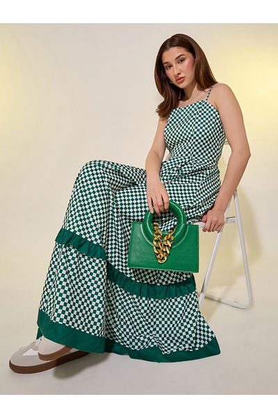 Styli Checkered Strappy Pleated A-Line Maxi Dress