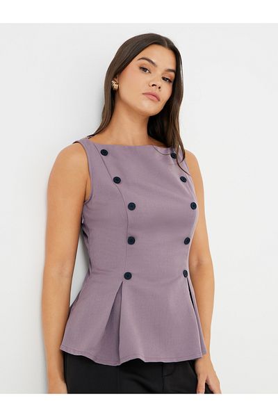 Styli Contrast Double Breasted Button Detail Peplum Top