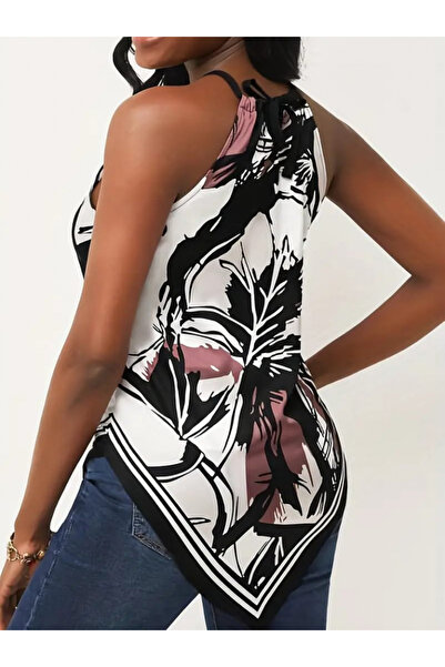 JANES Triangle Cut Floral Patterned Women's Single Jersey Blouse - Halter Neck