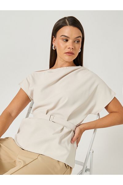 Styli Asymmetric Neck Short Sleeves Belted Top