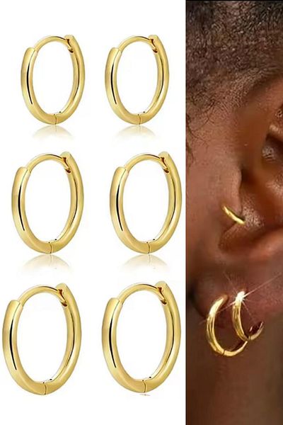 Jaida Moda مجموعة من 3 أزواج من الأقراط الحلقية المصنوعة من الفولاذ الجراحي باللون الذهبي - مضادة للحساسية ومقاومة للماء