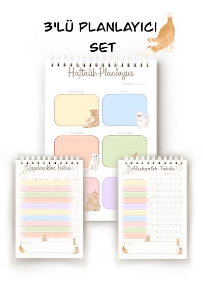 Handeto Kraft Cat Themed 3-Piece Turkish Planner Set, Weekly Planner, Habit Tracker, To-Do List, Planner