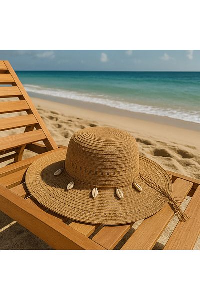 kabancım Natural Straw Wide Brim Summer Hat with Seashell