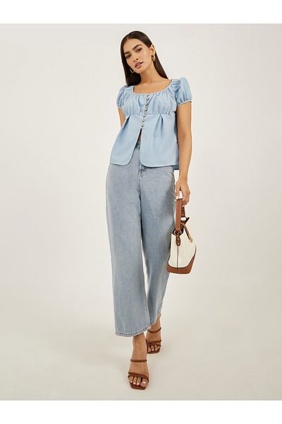 Styli Plain Puff Sleeves Buttoned Top with Gathered Detail
