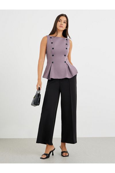 Styli Contrast Double Breasted Button Detail Peplum Top