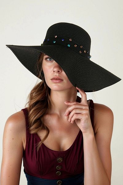 bacc Black Stripe Stone Wide Straw Hat Bcnsv-2514232-23