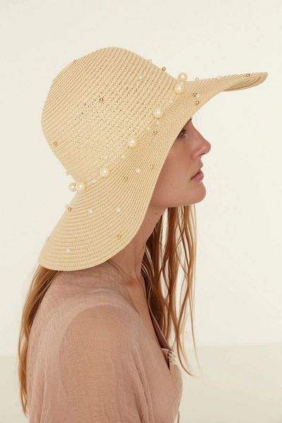 bacc Beige Wide Straw Hat with Pearls Bcnsv-2514232-10