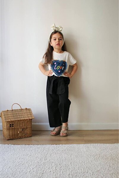 kr kids Girl's Heart "Love" Printed T-Shirt and Black Belted Pants Set